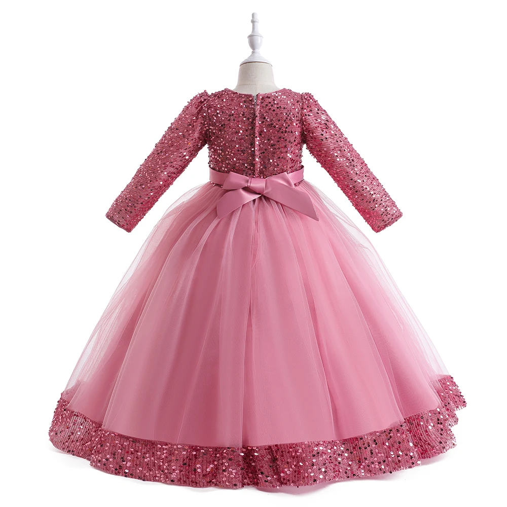 Long Sleeve Sequin Bridesmaid Girls Dresses Elegant Tulle Flower Wedding Princess Kids Party Dress for Girl Bow Chrismas Costume