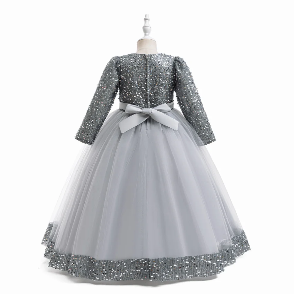 Long Sleeve Sequin Bridesmaid Girls Dresses Elegant Tulle Flower Wedding Princess Kids Party Dress for Girl Bow Chrismas Costume