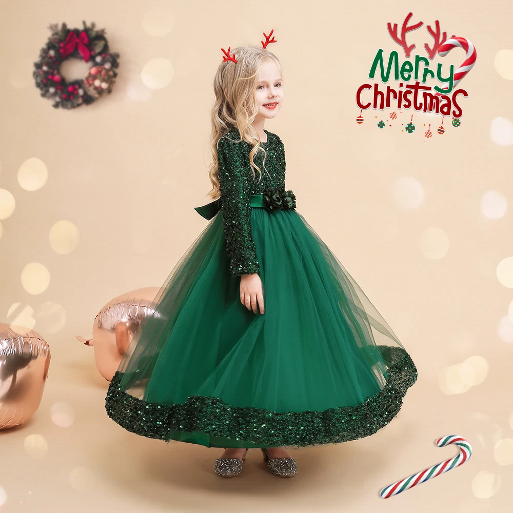 Long Sleeve Sequin Bridesmaid Girls Dresses Elegant Tulle Flower Wedding Princess Kids Party Dress for Girl Bow Chrismas Costume