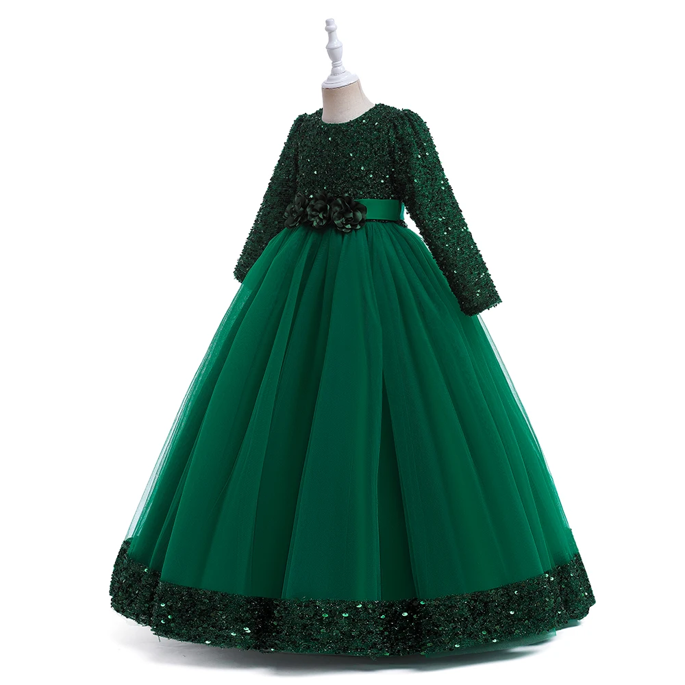 Long Sleeve Sequin Bridesmaid Girls Dresses Elegant Tulle Flower Wedding Princess Kids Party Dress for Girl Bow Chrismas Costume