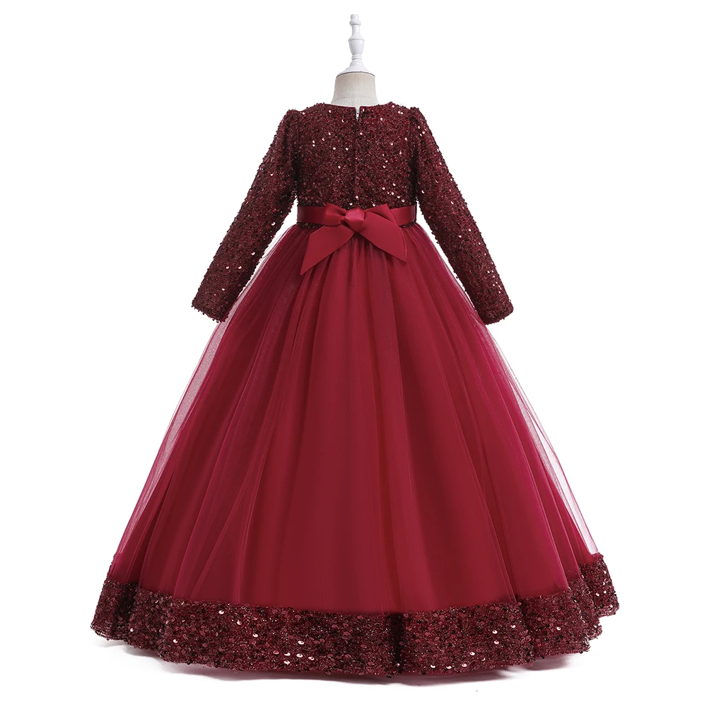 Long Sleeve Sequin Bridesmaid Girls Dresses Elegant Tulle Flower Wedding Princess Kids Party Dress for Girl Bow Chrismas Costume