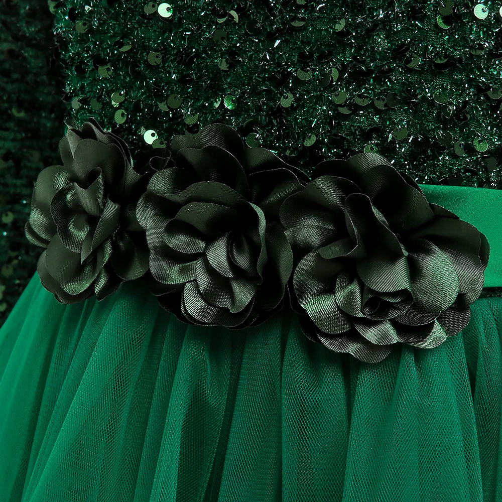 Long Sleeve Sequin Bridesmaid Girls Dresses Elegant Tulle Flower Wedding Princess Kids Party Dress for Girl Bow Chrismas Costume