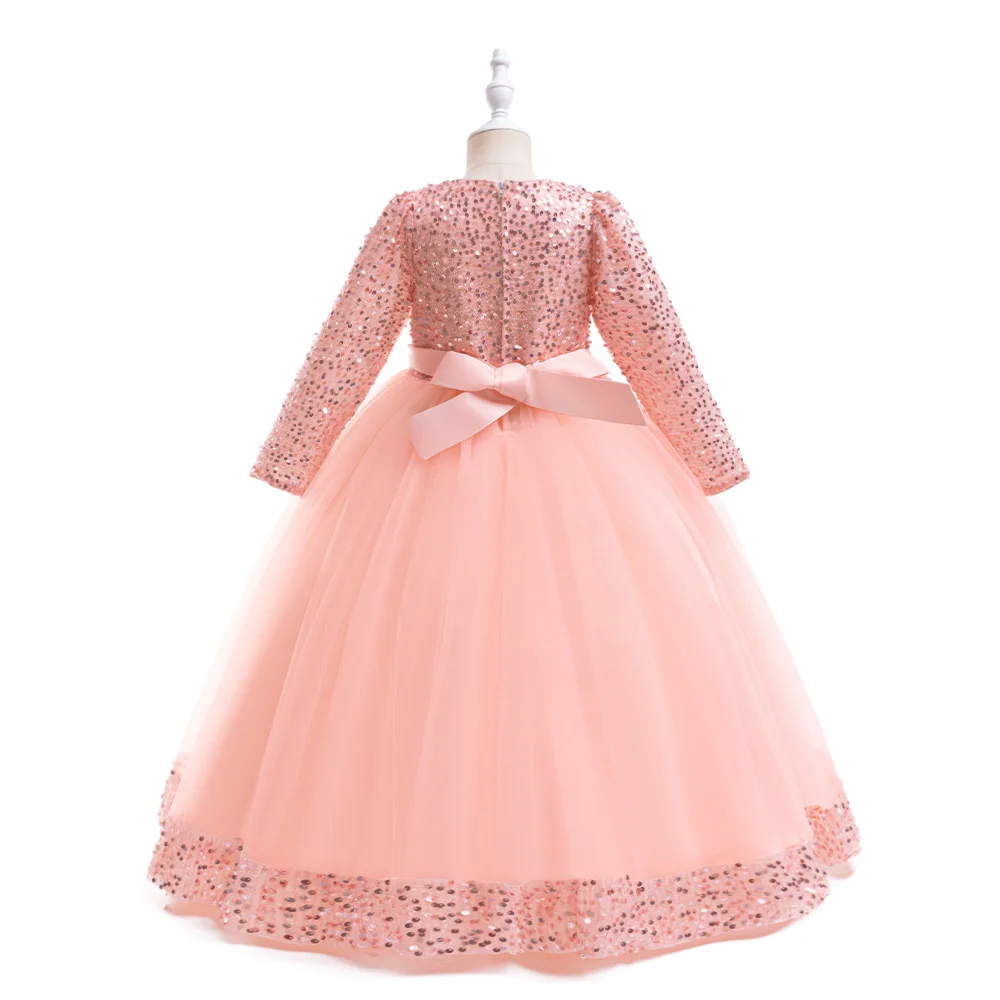 Long Sleeve Sequin Bridesmaid Girls Dresses Elegant Tulle Flower Wedding Princess Kids Party Dress for Girl Bow Chrismas Costume