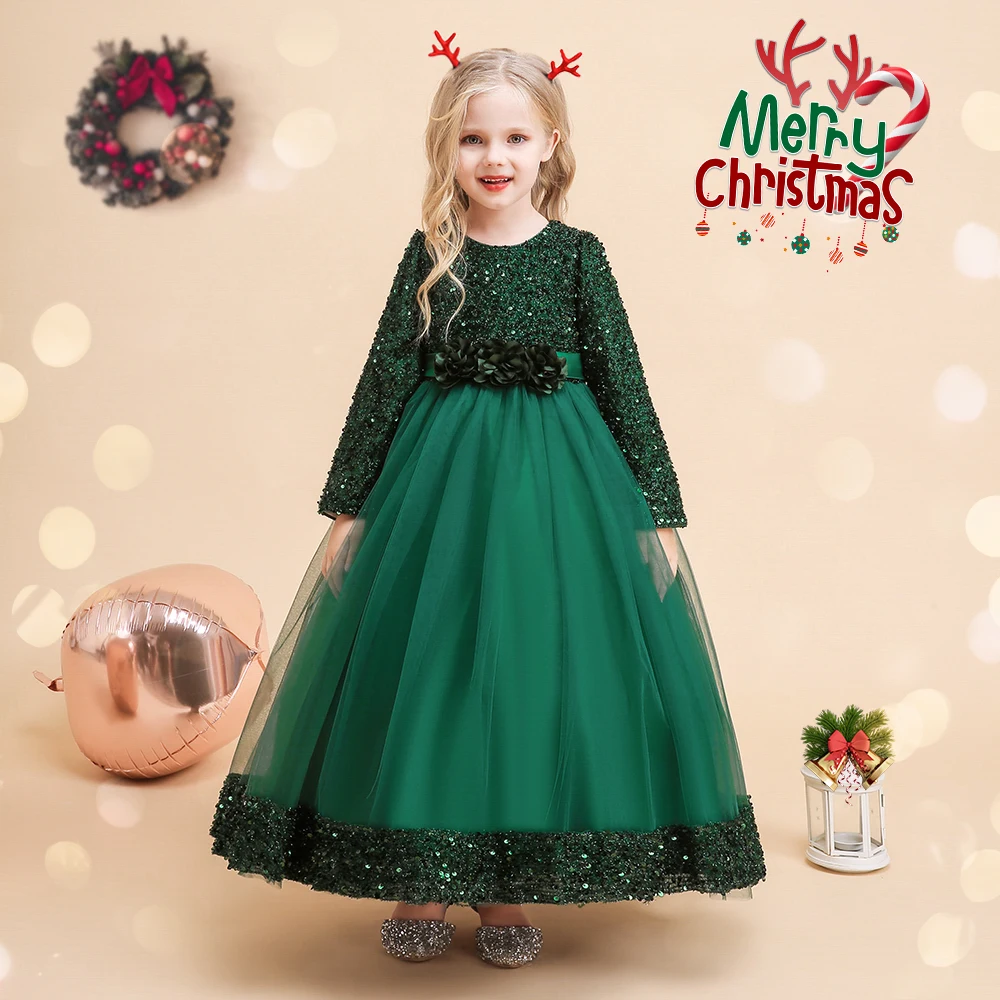 Long Sleeve Sequin Bridesmaid Girls Dresses Elegant Tulle Flower Wedding Princess Kids Party Dress for Girl Bow Chrismas Costume