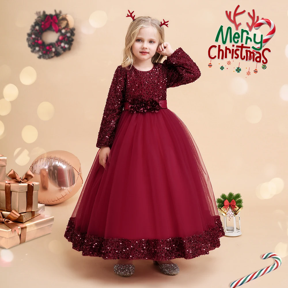 Long Sleeve Sequin Bridesmaid Girls Dresses Elegant Tulle Flower Wedding Princess Kids Party Dress for Girl Bow Chrismas Costume