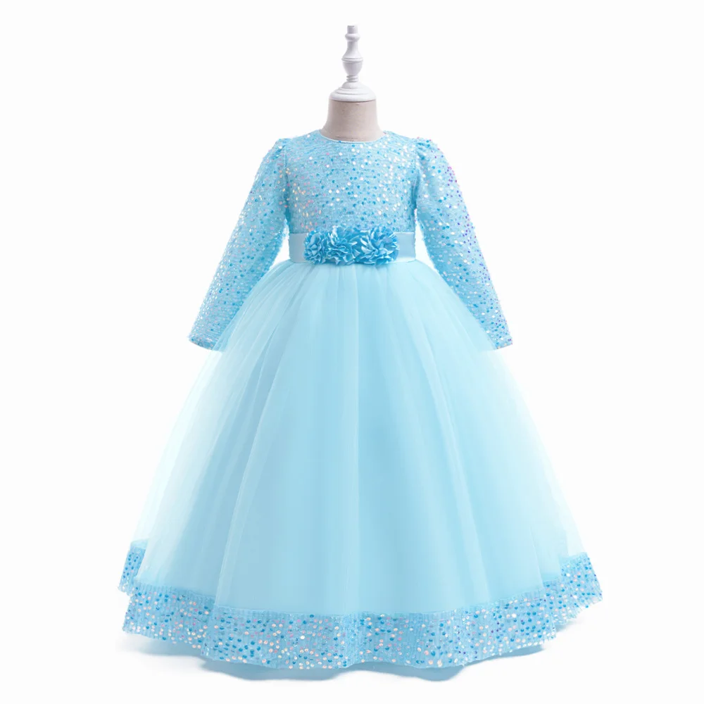 Long Sleeve Sequin Bridesmaid Girls Dresses Elegant Tulle Flower Wedding Princess Kids Party Dress for Girl Bow Chrismas Costume