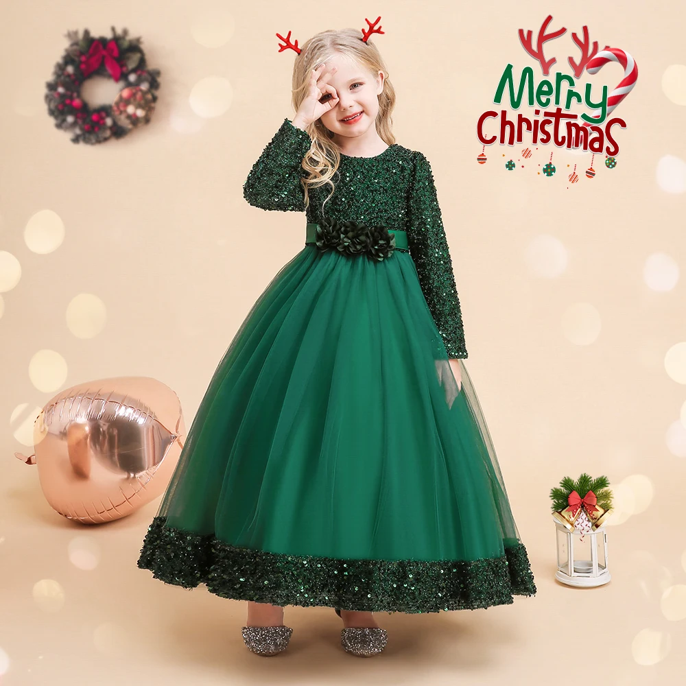 Long Sleeve Sequin Bridesmaid Girls Dresses Elegant Tulle Flower Wedding Princess Kids Party Dress for Girl Bow Chrismas Costume