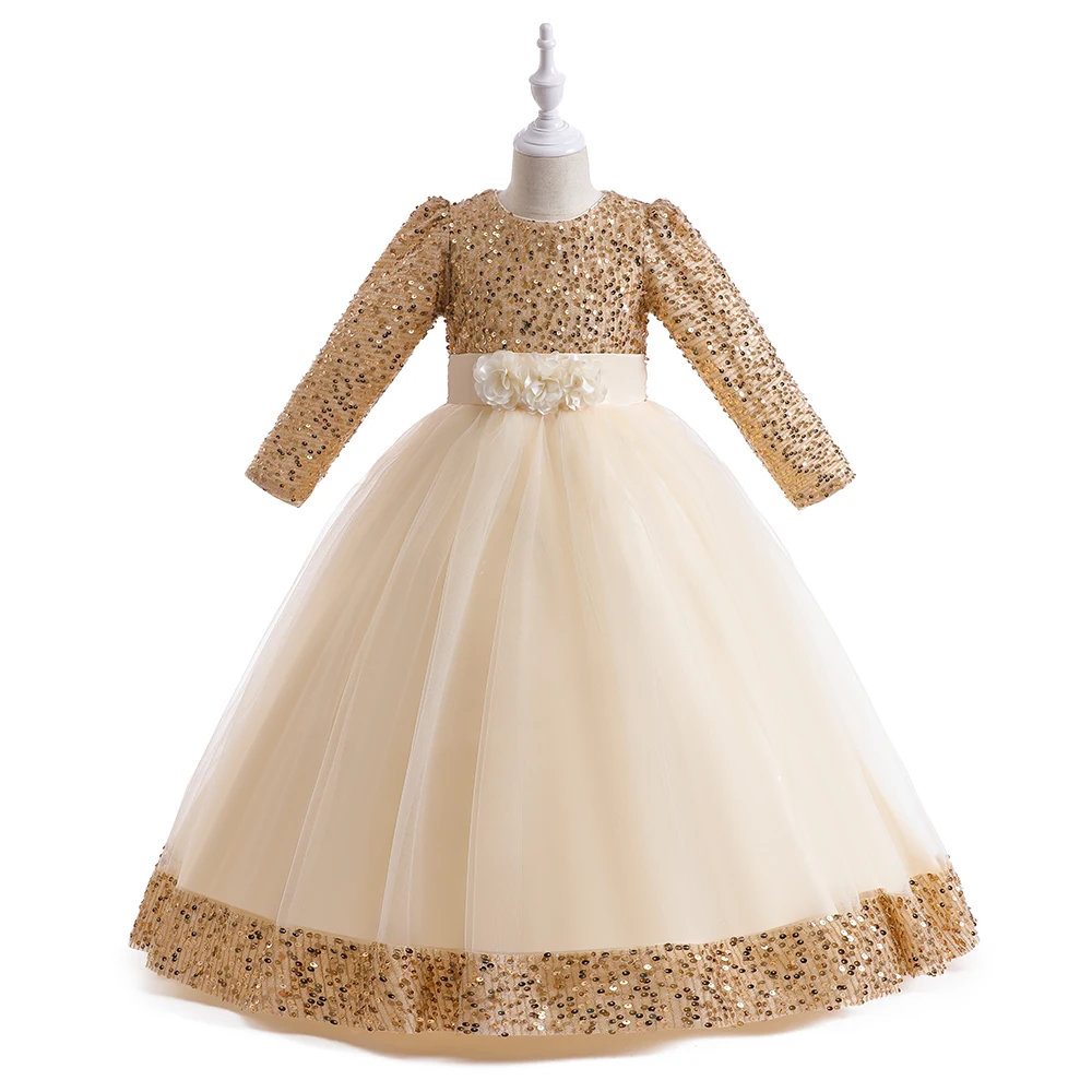 Long Sleeve Sequin Bridesmaid Girls Dresses Elegant Tulle Flower Wedding Princess Kids Party Dress for Girl Bow Chrismas Costume