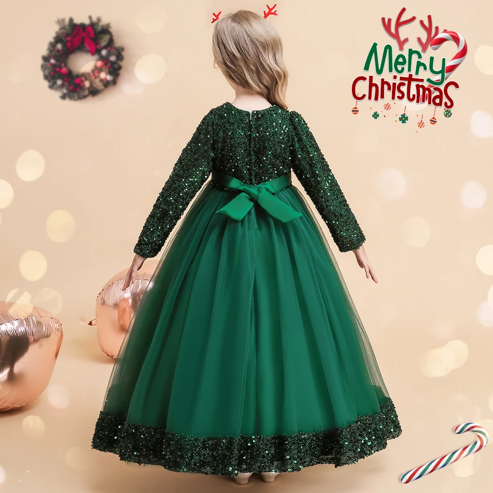 Long Sleeve Sequin Bridesmaid Girls Dresses Elegant Tulle Flower Wedding Princess Kids Party Dress for Girl Bow Chrismas Costume
