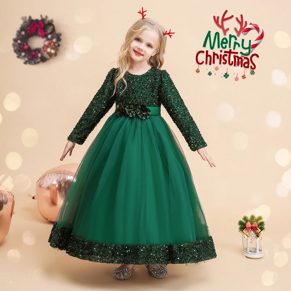 Long Sleeve Sequin Bridesmaid Girls Dresses Elegant Tulle Flower Wedding Princess Kids Party Dress for Girl Bow Chrismas Costume