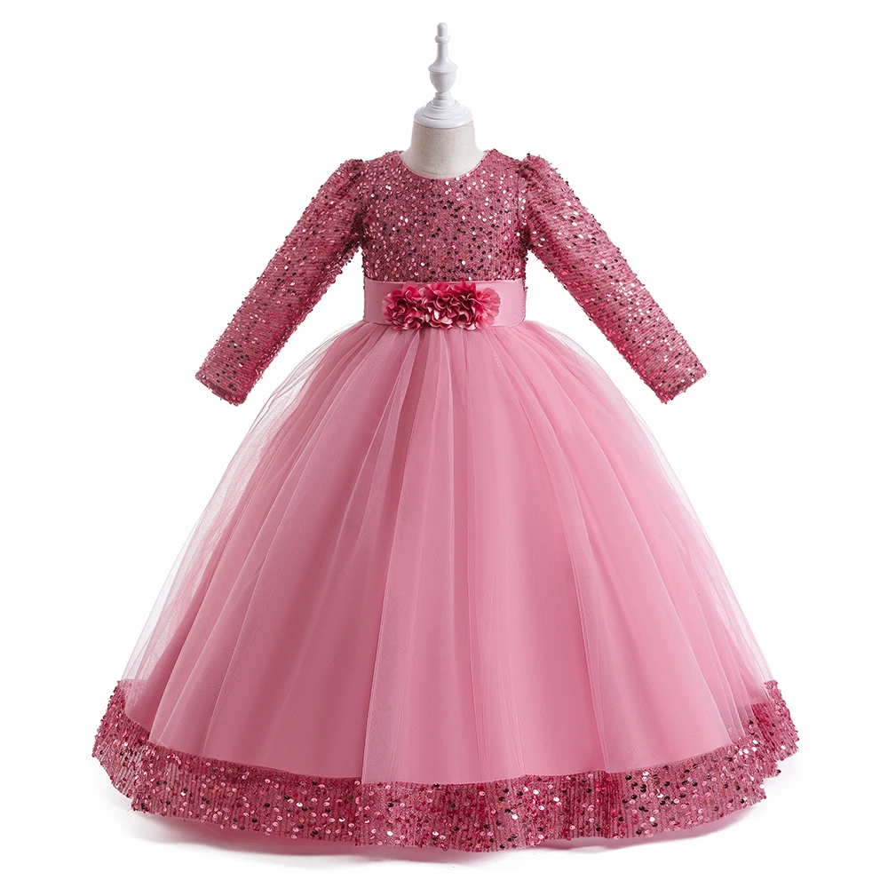 Long Sleeve Sequin Bridesmaid Girls Dresses Elegant Tulle Flower Wedding Princess Kids Party Dress for Girl Bow Chrismas Costume