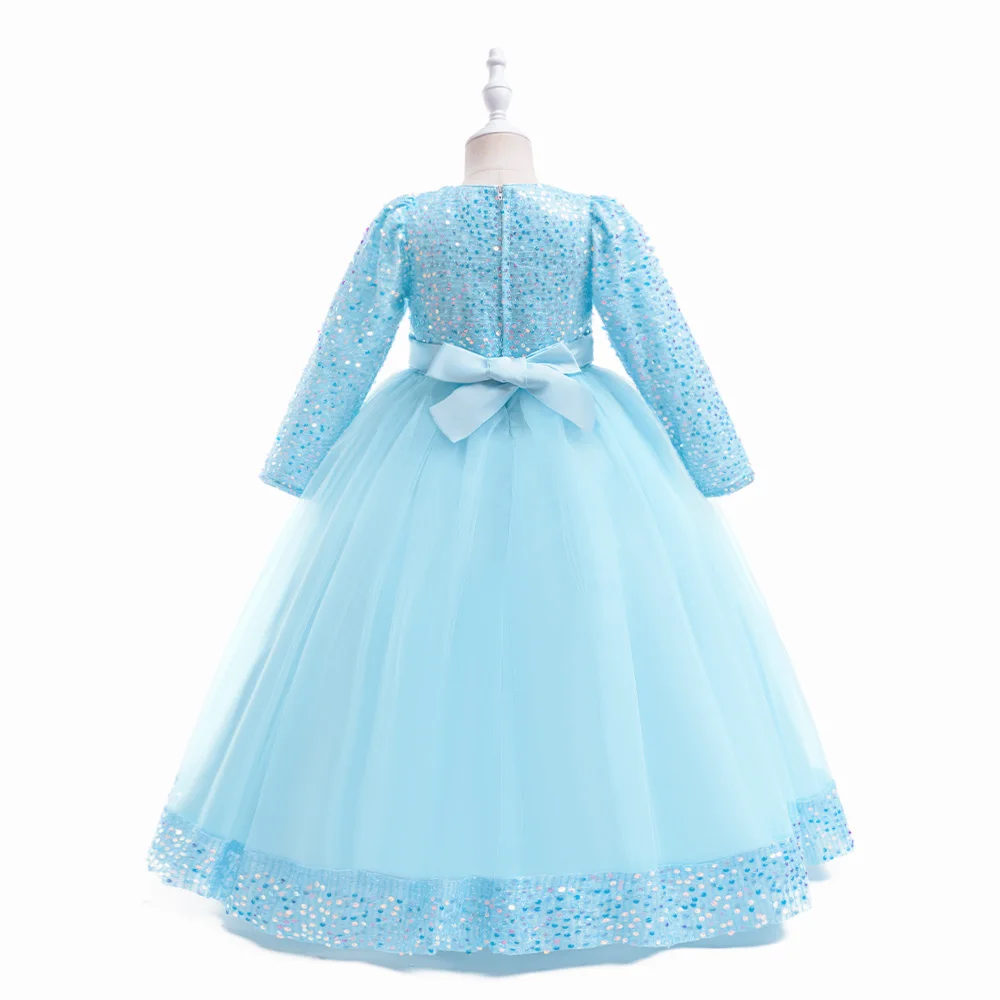 Long Sleeve Sequin Bridesmaid Girls Dresses Elegant Tulle Flower Wedding Princess Kids Party Dress for Girl Bow Chrismas Costume