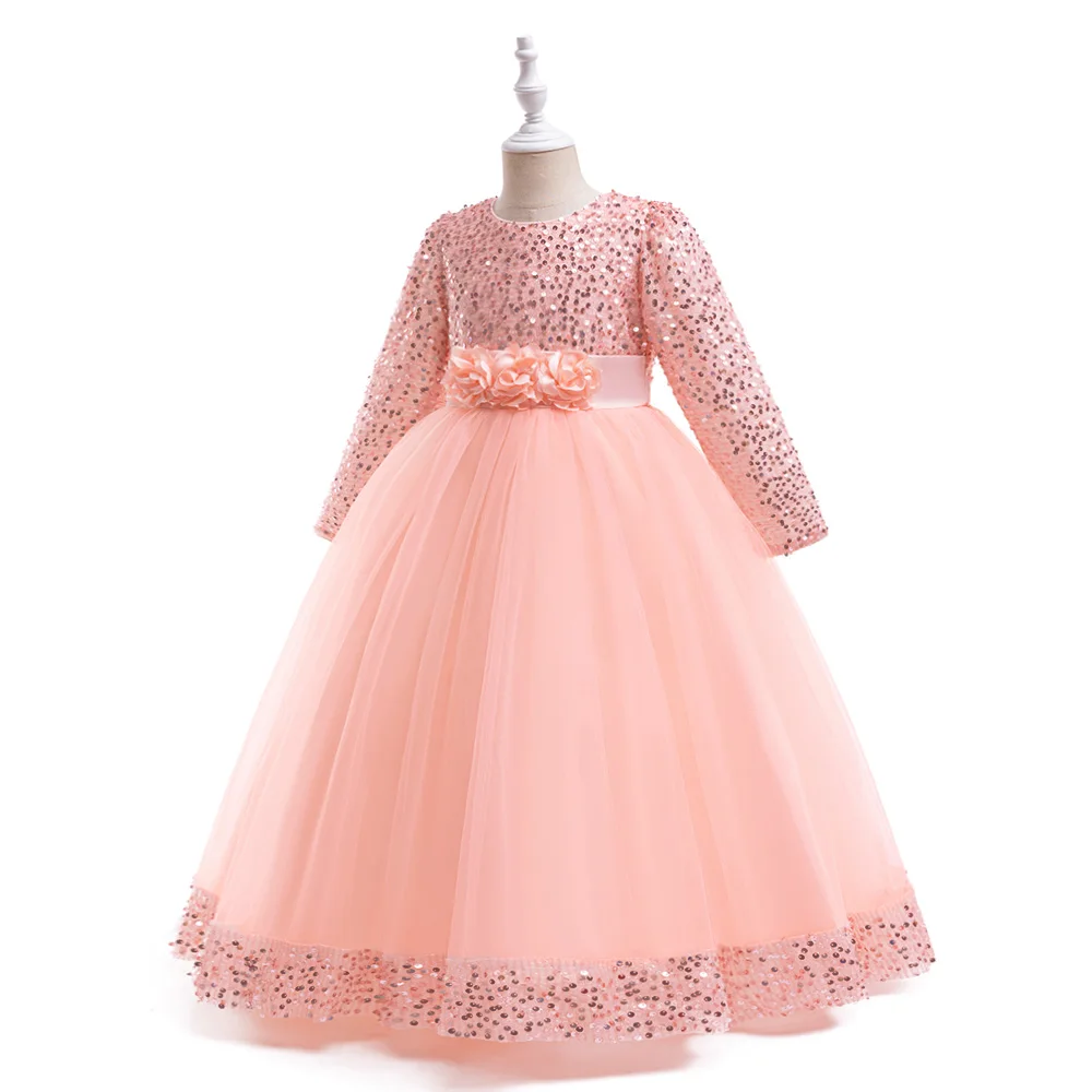 Long Sleeve Sequin Bridesmaid Girls Dresses Elegant Tulle Flower Wedding Princess Kids Party Dress for Girl Bow Chrismas Costume