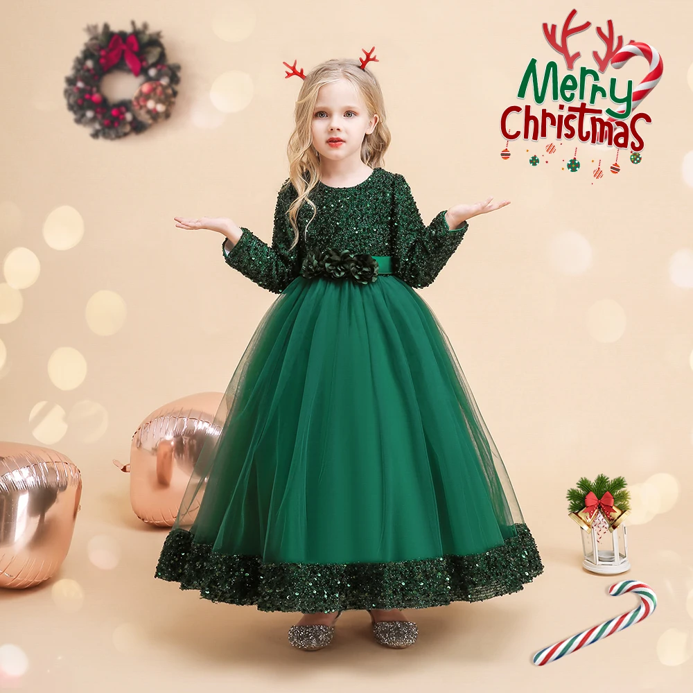 Long Sleeve Sequin Bridesmaid Girls Dresses Elegant Tulle Flower Wedding Princess Kids Party Dress for Girl Bow Chrismas Costume