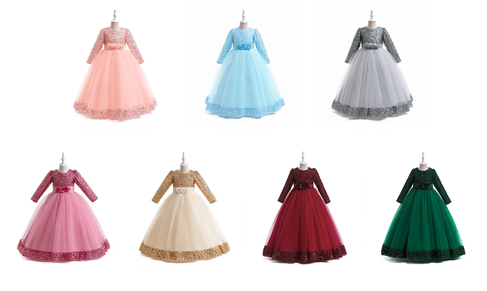 Long Sleeve Sequin Bridesmaid Girls Dresses Elegant Tulle Flower Wedding Princess Kids Party Dress for Girl Bow Chrismas Costume
