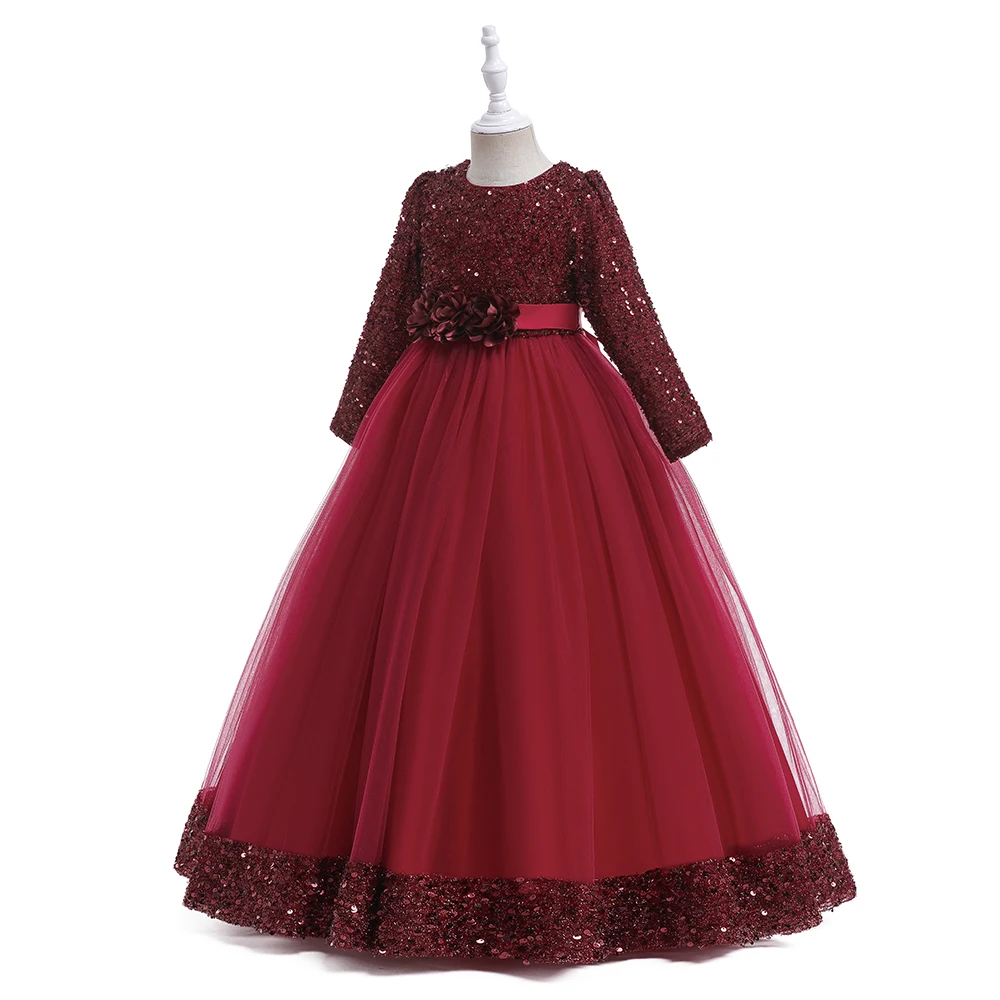 Long Sleeve Sequin Bridesmaid Girls Dresses Elegant Tulle Flower Wedding Princess Kids Party Dress for Girl Bow Chrismas Costume