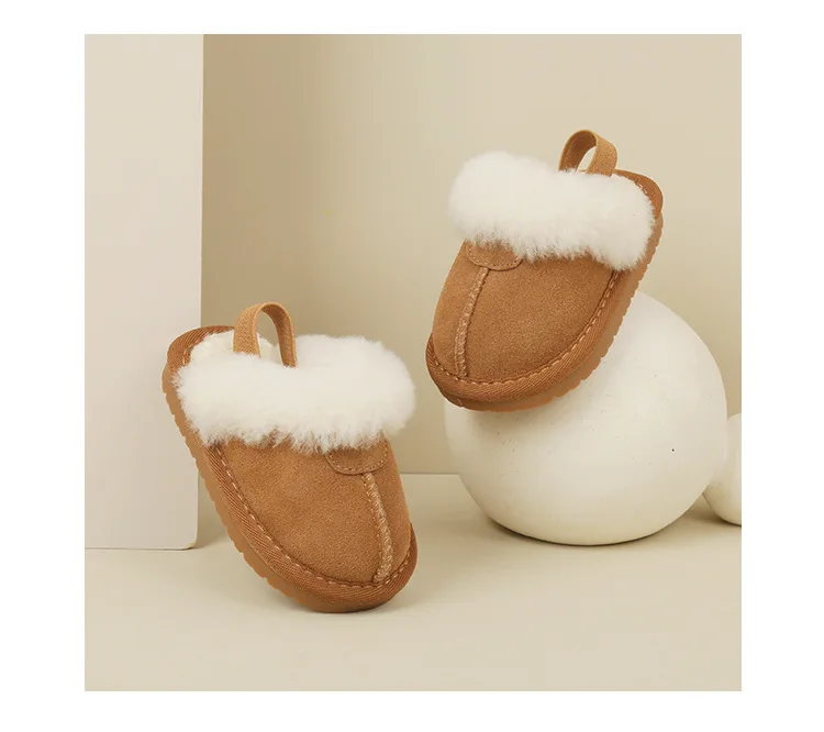 New Winter Baby Shoes Leather Warm Plush Toddler Kids Slipper Shoes Rubber Non-slip Indoor Fashion Little Girls Slipper