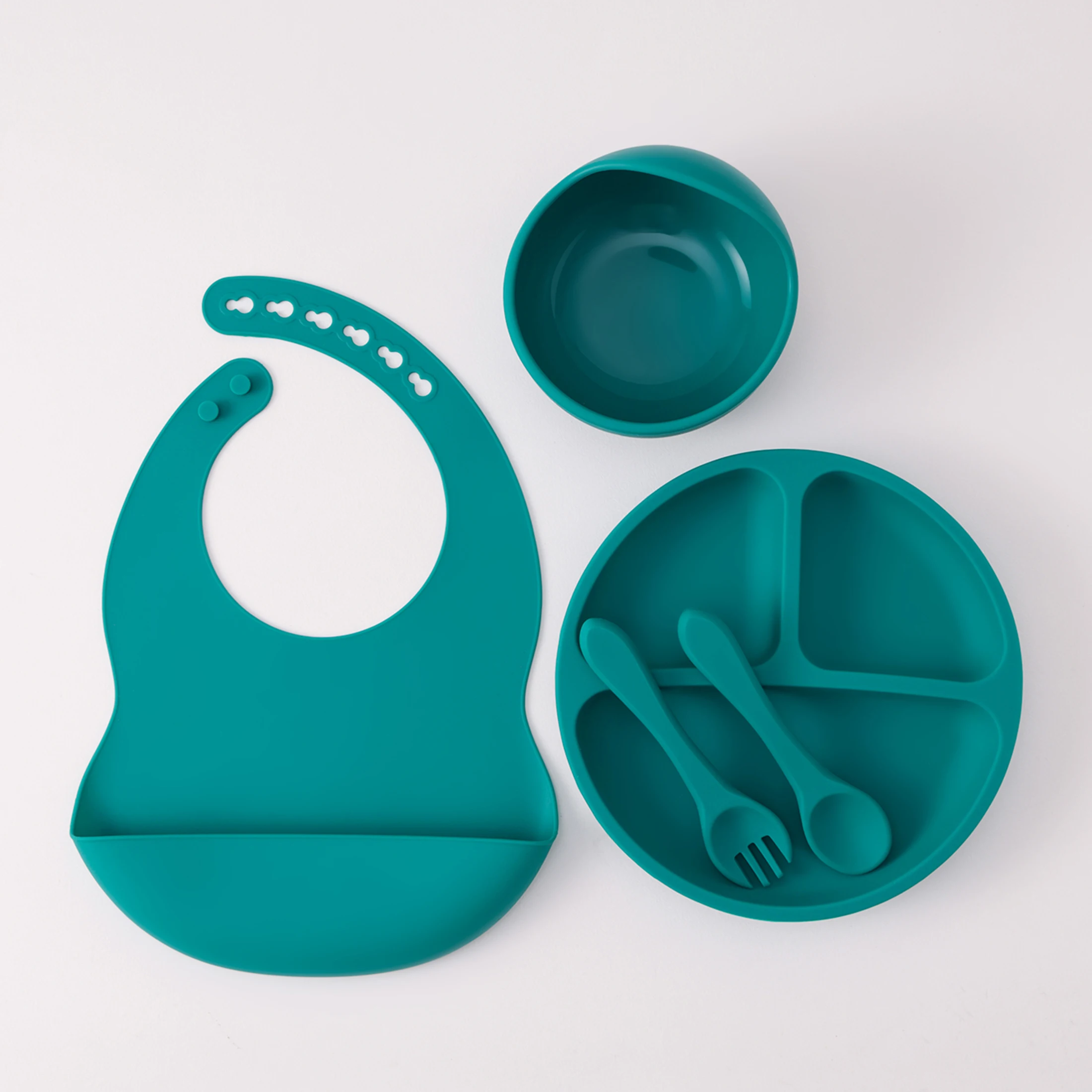 Color Kids 5PCS Silicone Baby Feeding Set Suction Dishes Plate BPA Free Sucker Bowl Bib Spoon Fork Training Tableware Gift Set