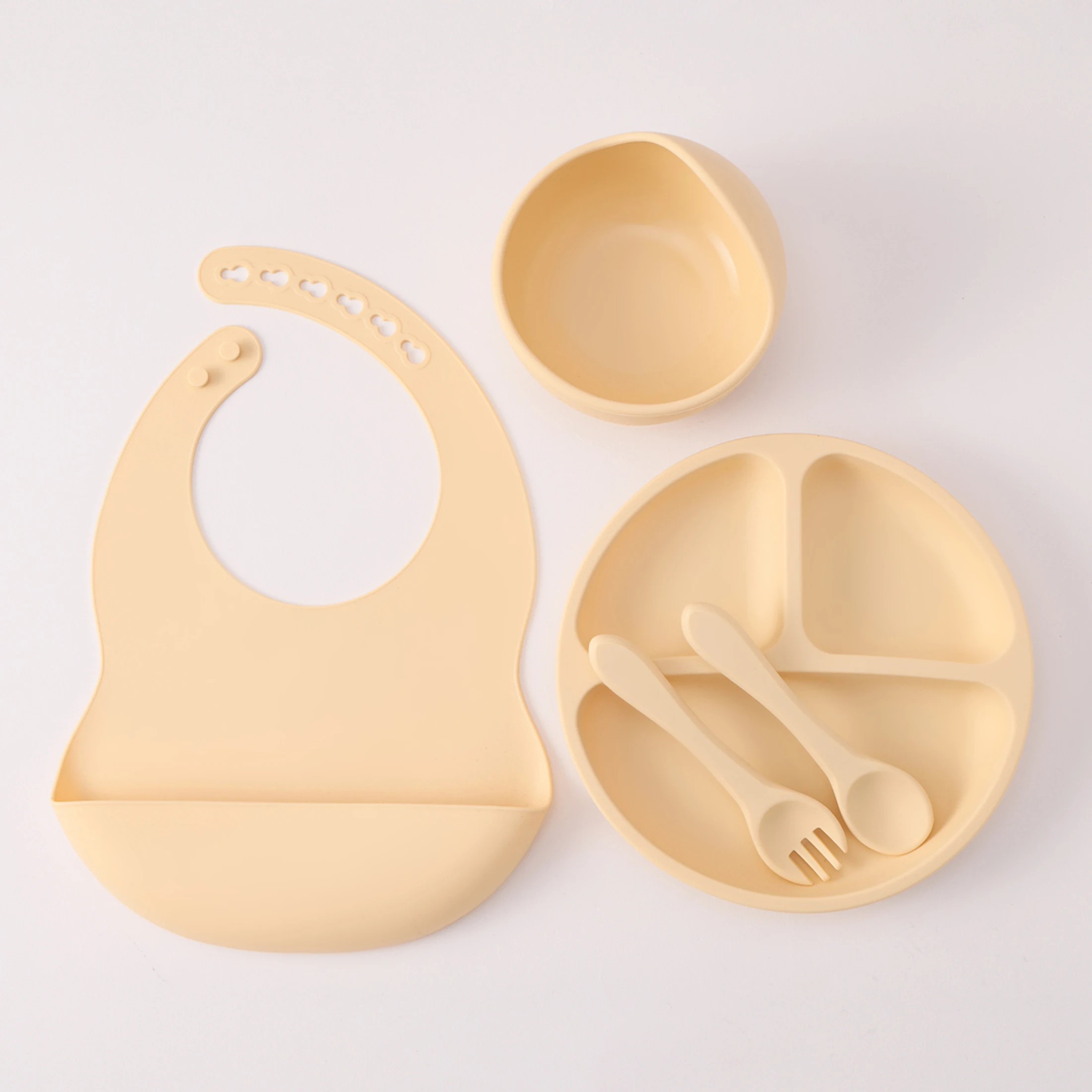 Color Kids 5PCS Silicone Baby Feeding Set Suction Dishes Plate BPA Free Sucker Bowl Bib Spoon Fork Training Tableware Gift Set