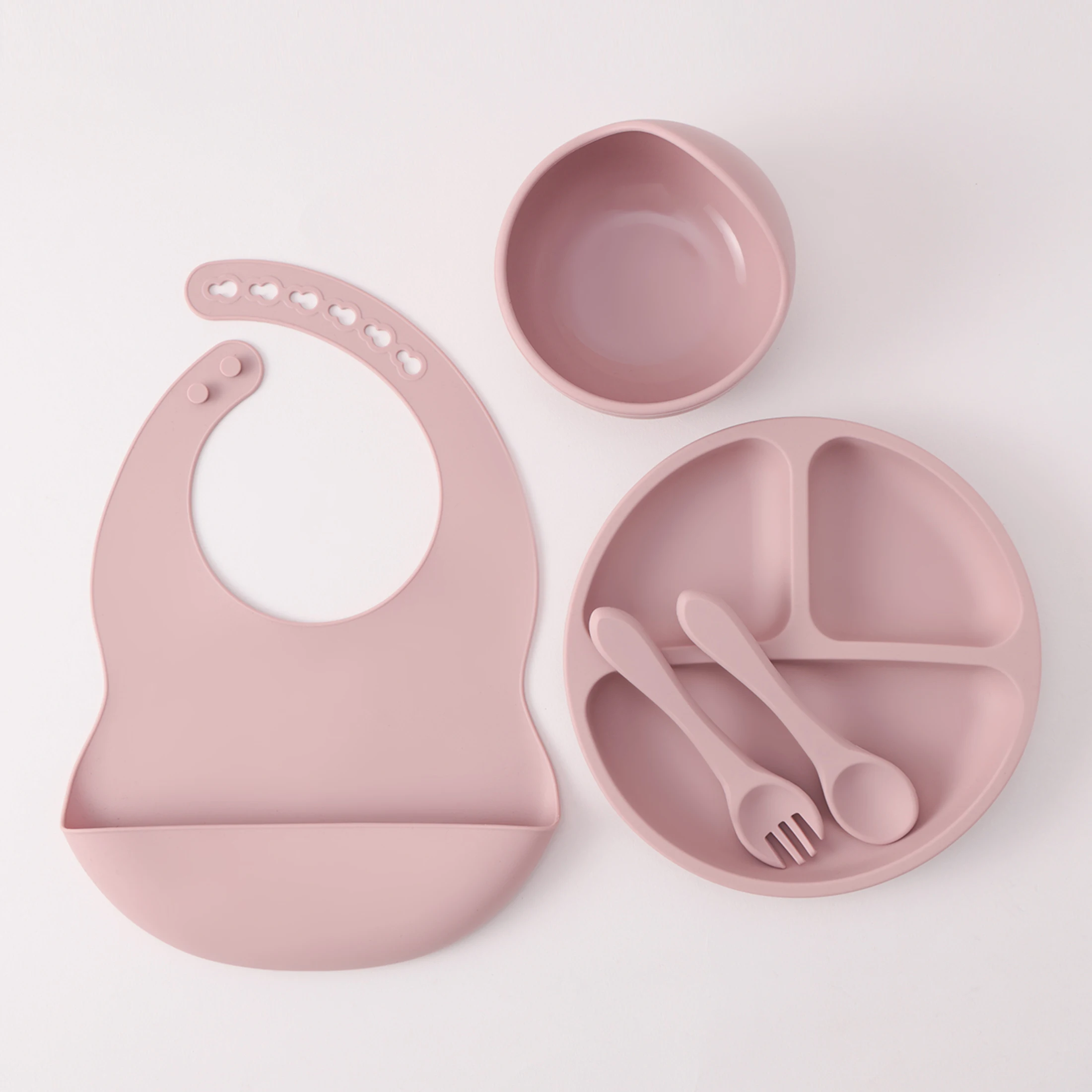 Color Kids 5PCS Silicone Baby Feeding Set Suction Dishes Plate BPA Free Sucker Bowl Bib Spoon Fork Training Tableware Gift Set