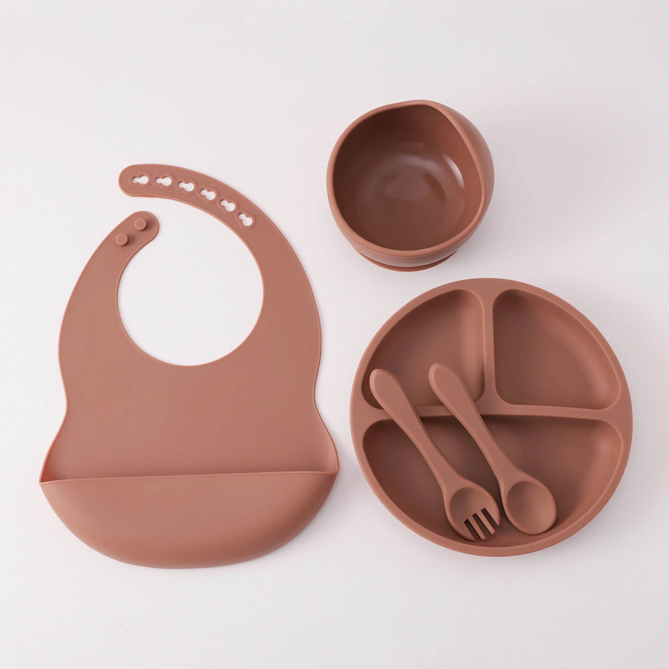 Color Kids 5PCS Silicone Baby Feeding Set Suction Dishes Plate BPA Free Sucker Bowl Bib Spoon Fork Training Tableware Gift Set