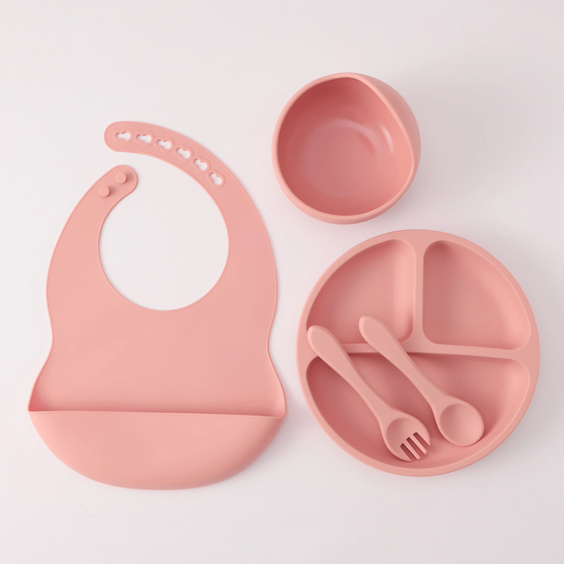Color Kids 5PCS Silicone Baby Feeding Set Suction Dishes Plate BPA Free Sucker Bowl Bib Spoon Fork Training Tableware Gift Set