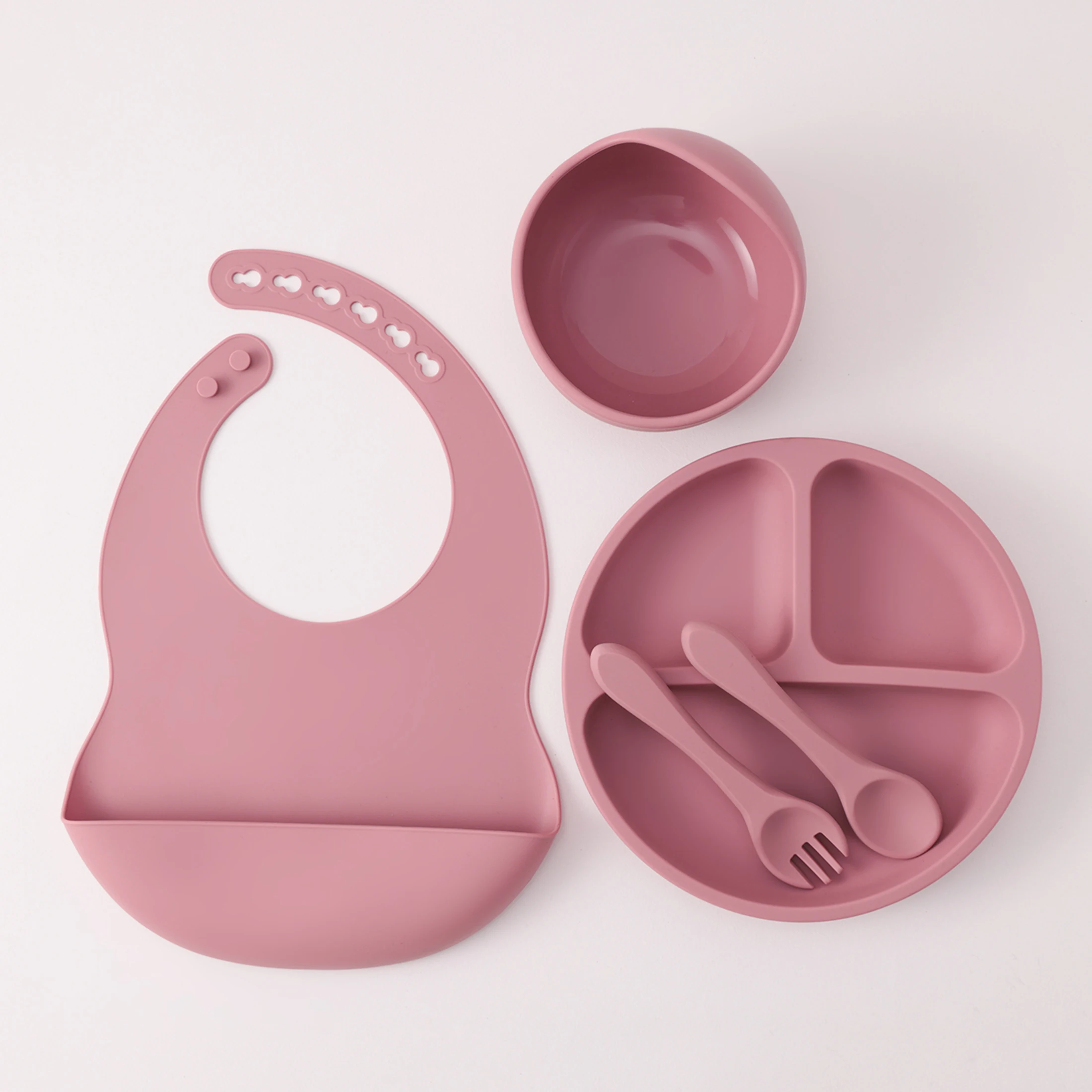 Color Kids 5PCS Silicone Baby Feeding Set Suction Dishes Plate BPA Free Sucker Bowl Bib Spoon Fork Training Tableware Gift Set