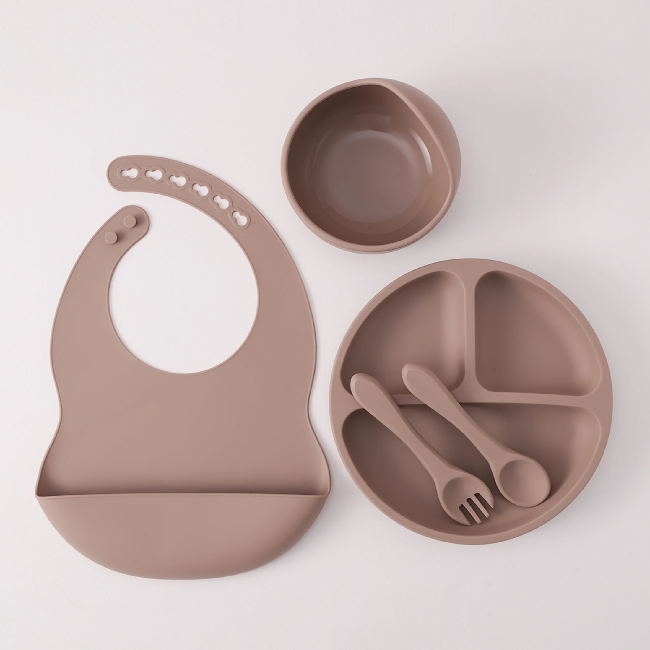 Color Kids 5PCS Silicone Baby Feeding Set Suction Dishes Plate BPA Free Sucker Bowl Bib Spoon Fork Training Tableware Gift Set