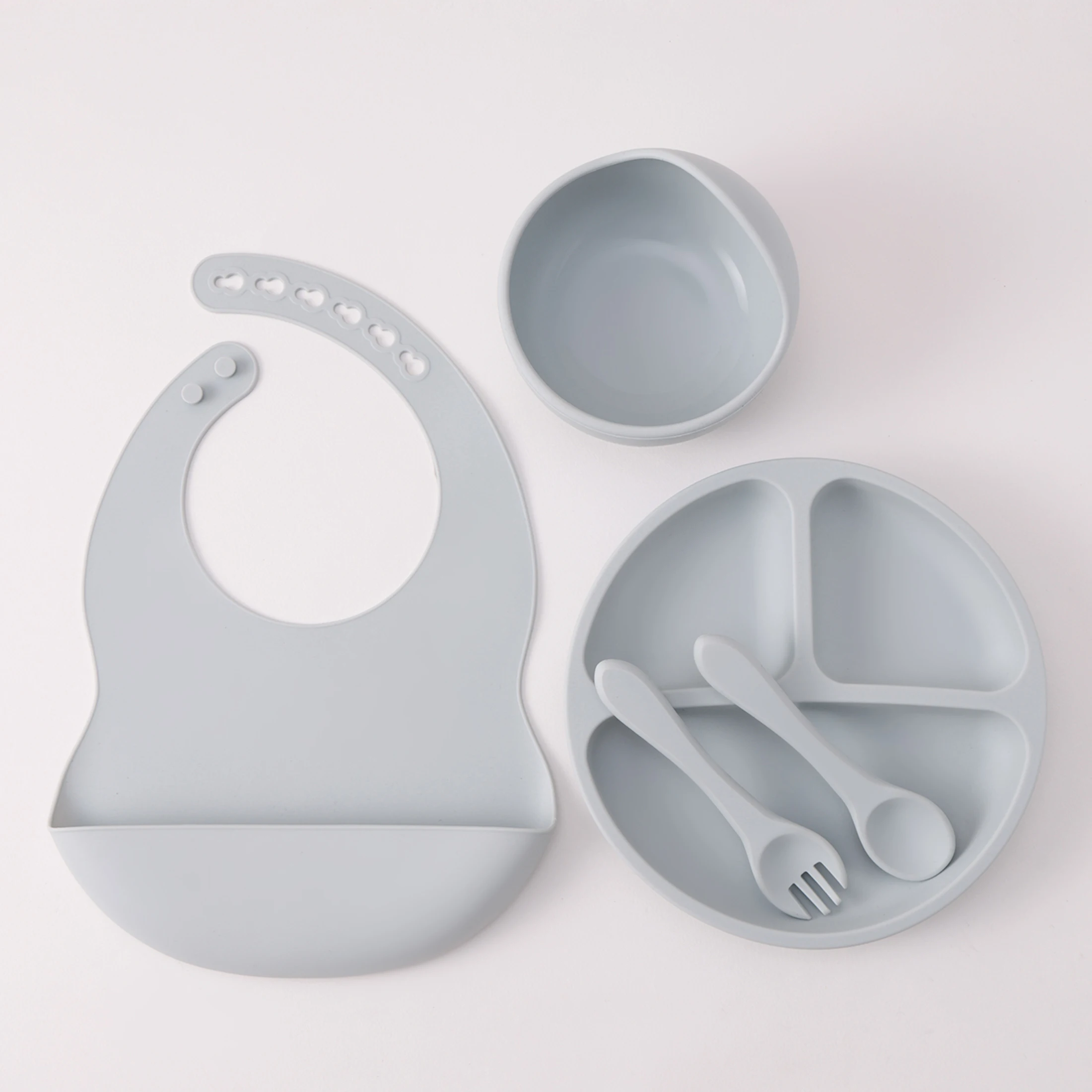 Color Kids 5PCS Silicone Baby Feeding Set Suction Dishes Plate BPA Free Sucker Bowl Bib Spoon Fork Training Tableware Gift Set