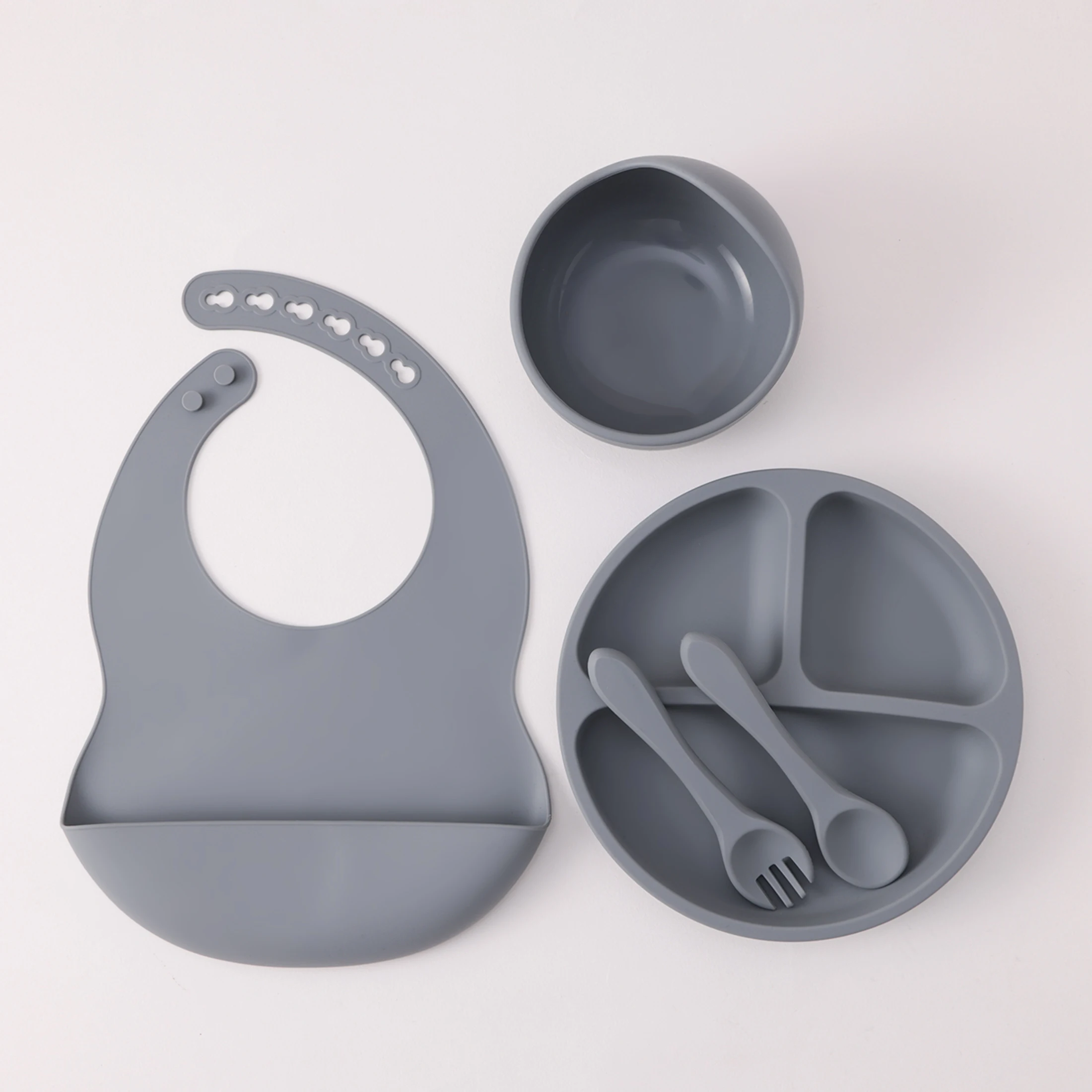 Color Kids 5PCS Silicone Baby Feeding Set Suction Dishes Plate BPA Free Sucker Bowl Bib Spoon Fork Training Tableware Gift Set