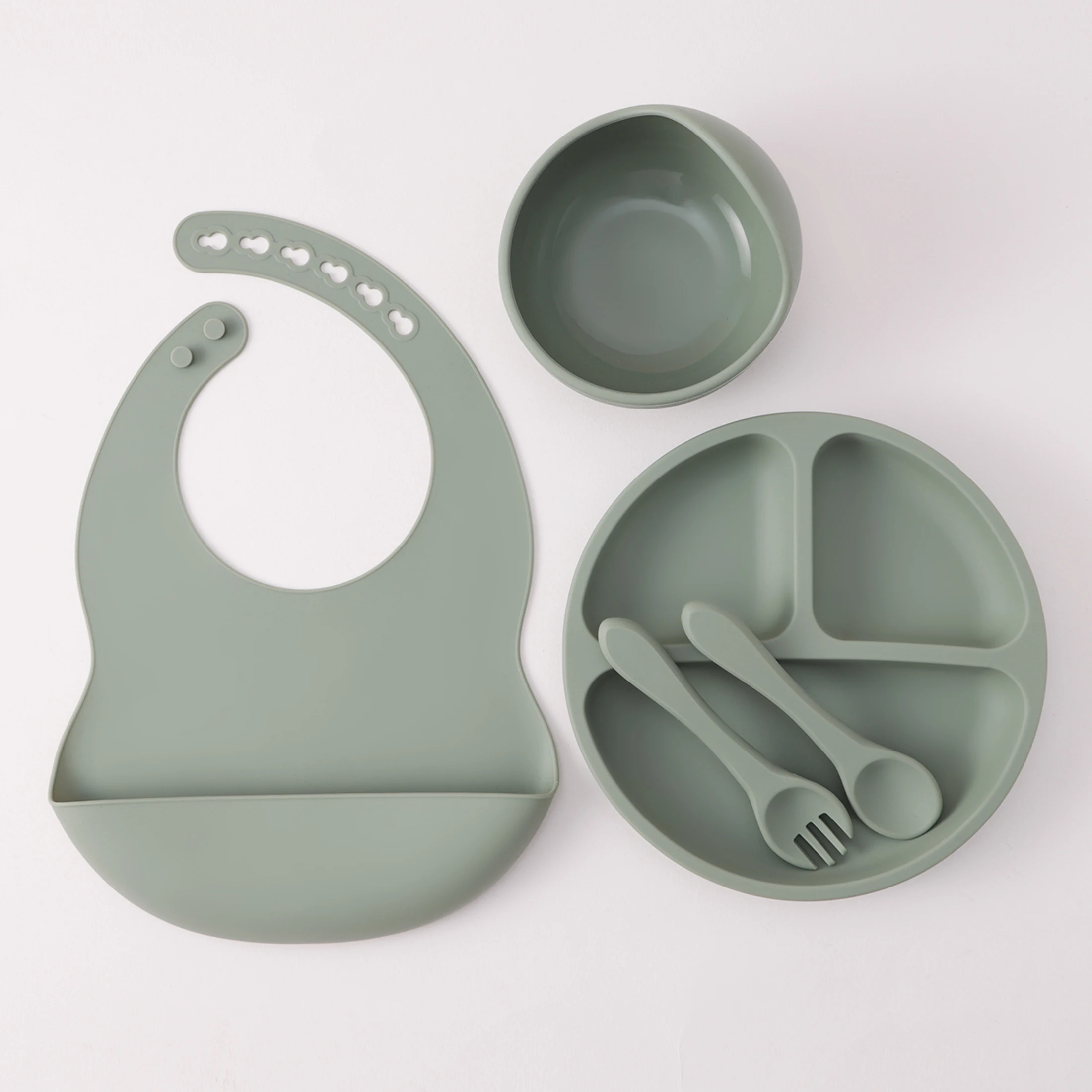Color Kids 5PCS Silicone Baby Feeding Set Suction Dishes Plate BPA Free Sucker Bowl Bib Spoon Fork Training Tableware Gift Set