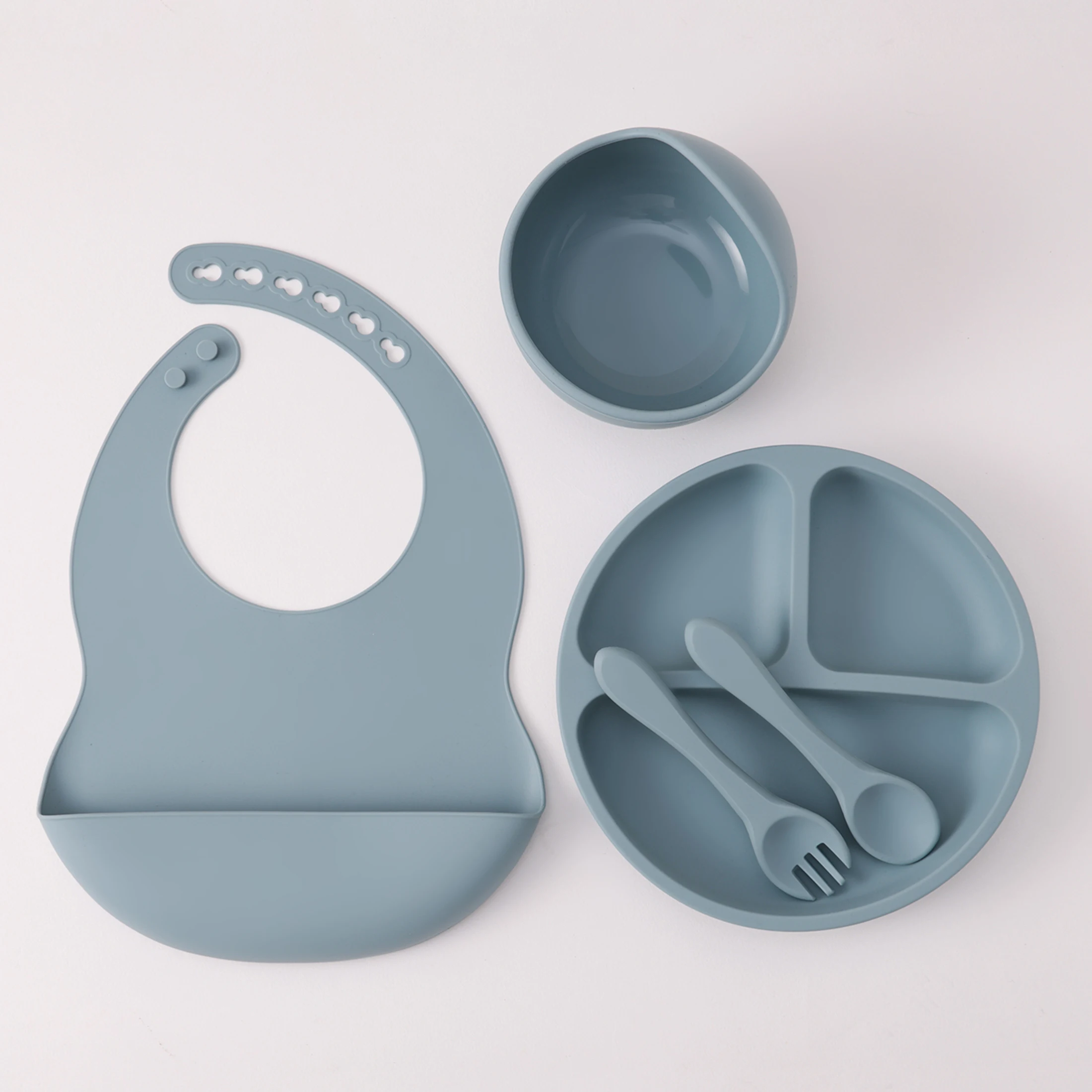 Color Kids 5PCS Silicone Baby Feeding Set Suction Dishes Plate BPA Free Sucker Bowl Bib Spoon Fork Training Tableware Gift Set