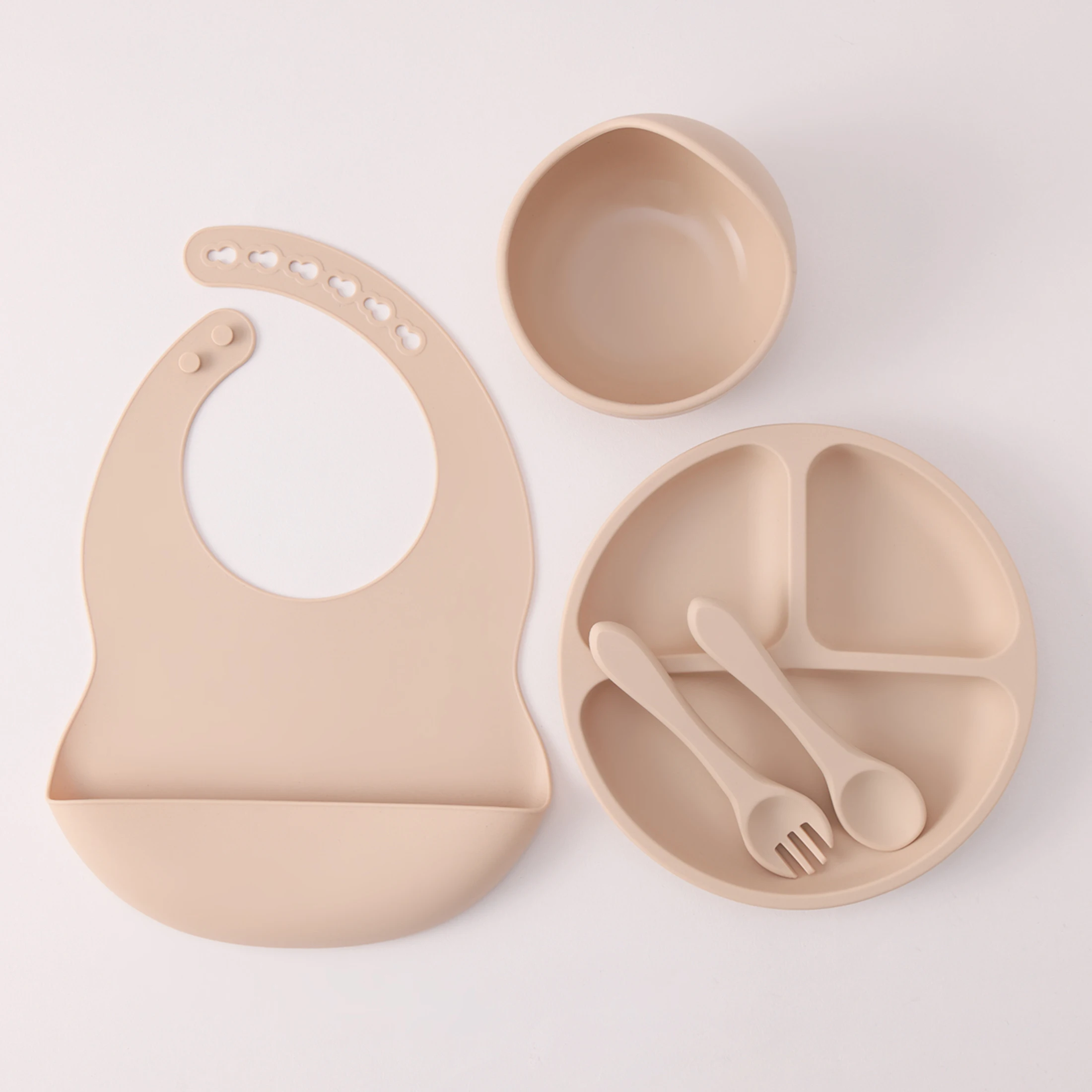 Color Kids 5PCS Silicone Baby Feeding Set Suction Dishes Plate BPA Free Sucker Bowl Bib Spoon Fork Training Tableware Gift Set