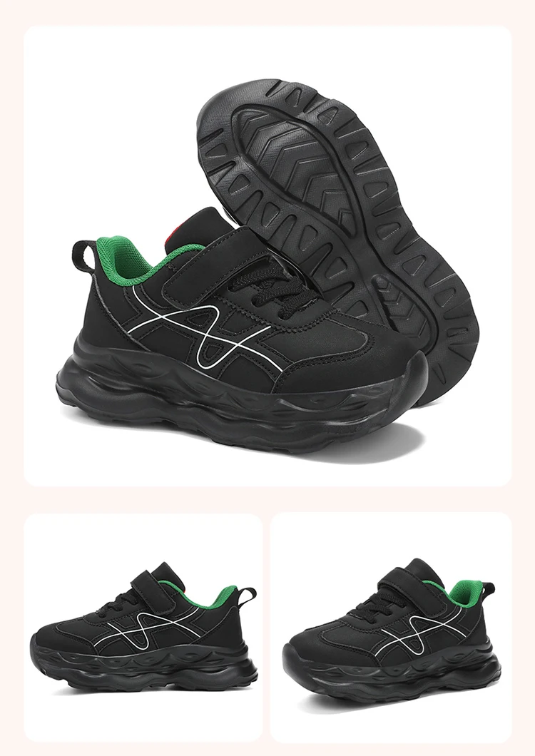 Children’s Black Causal PU Leather Running Shoes Anti-Slip Outdoor Sneakers for Boy and Girl Sport Tennis Size 30-39