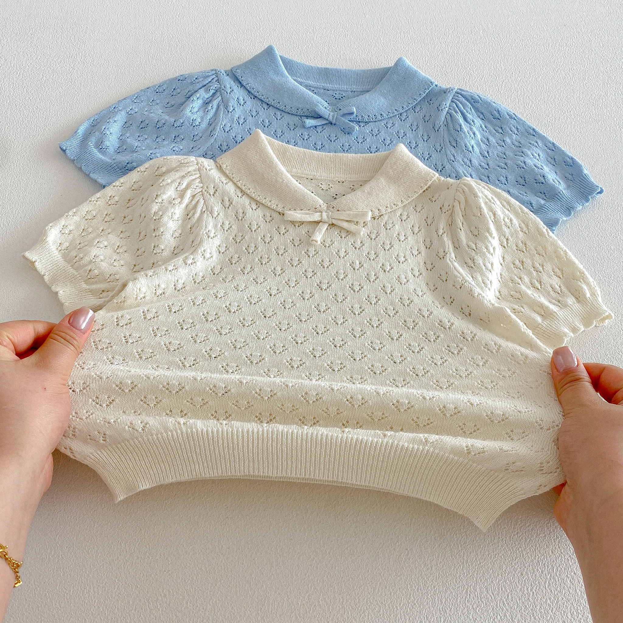 Infant Forest-Style Hollow Knit Short-Sleeve Top and Shorts Set, 2026 Summer New Arrival, Korean-Style Chic Baby Girl Outfit
