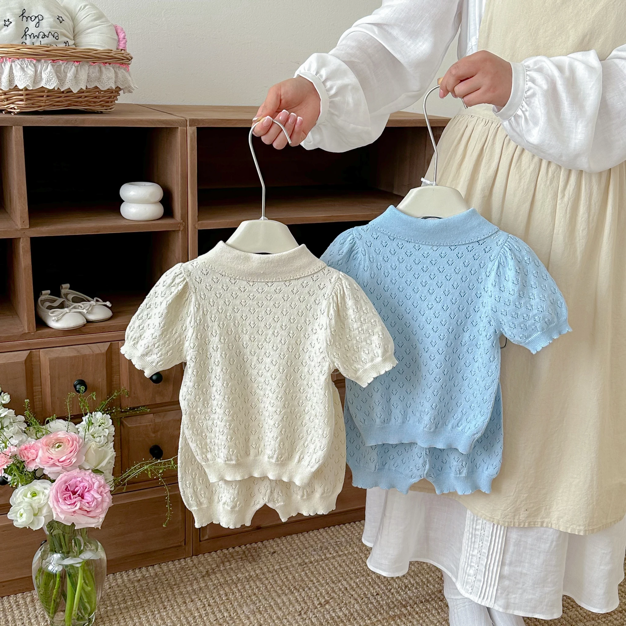 Infant Forest-Style Hollow Knit Short-Sleeve Top and Shorts Set, 2026 Summer New Arrival, Korean-Style Chic Baby Girl Outfit