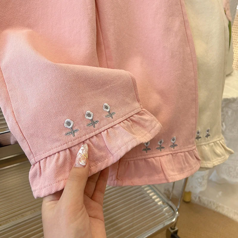1 to 8 Years Girls Pants Kids Embroidered Flower Jeans Autumn Spring New Fashion Children Pants Korean Breathable Soft Trousers