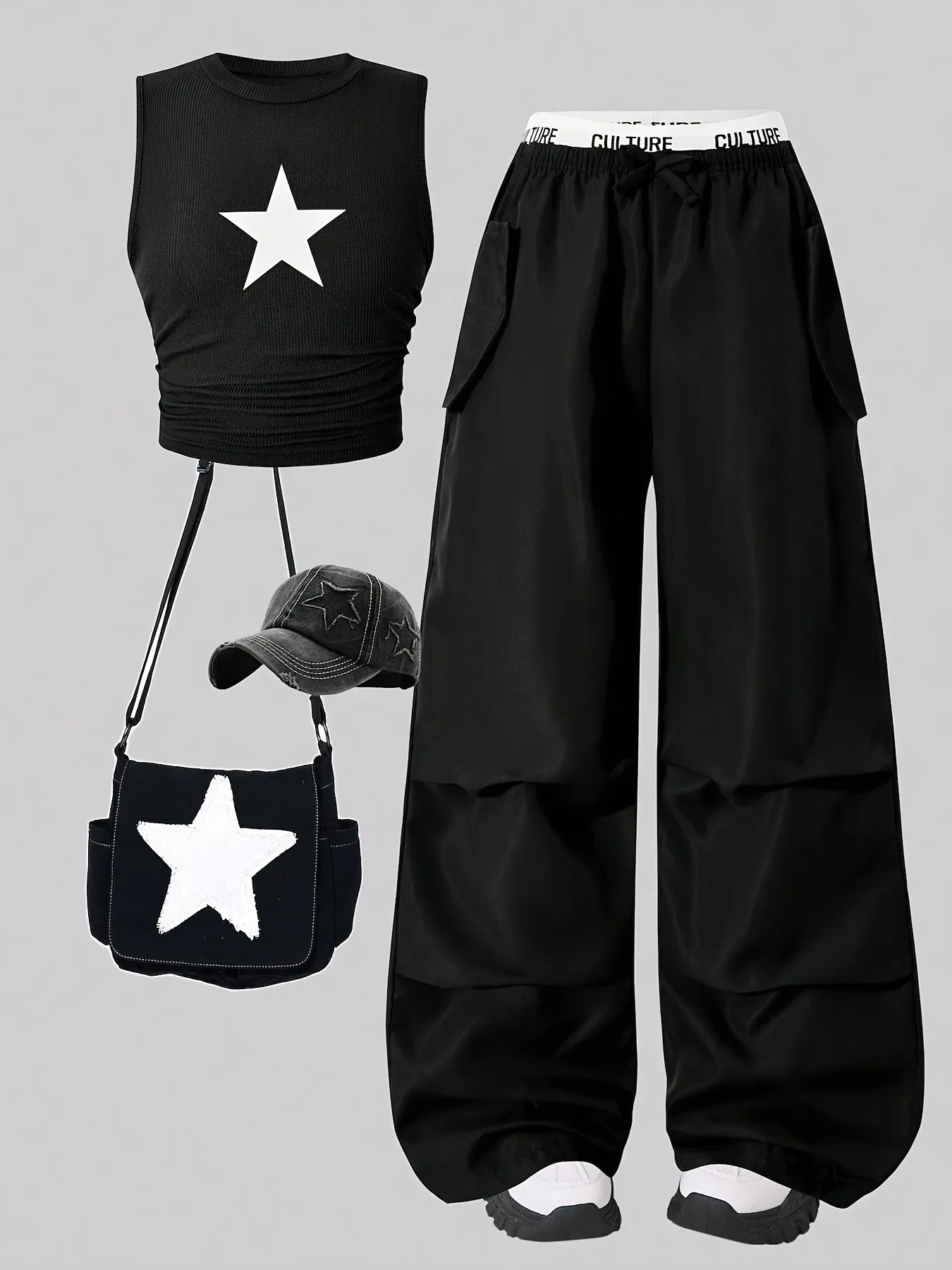 2-Piece Star Print Crop Top & Cargo Pants Set Girls Summer Casual Y2K Streetwear Outfit