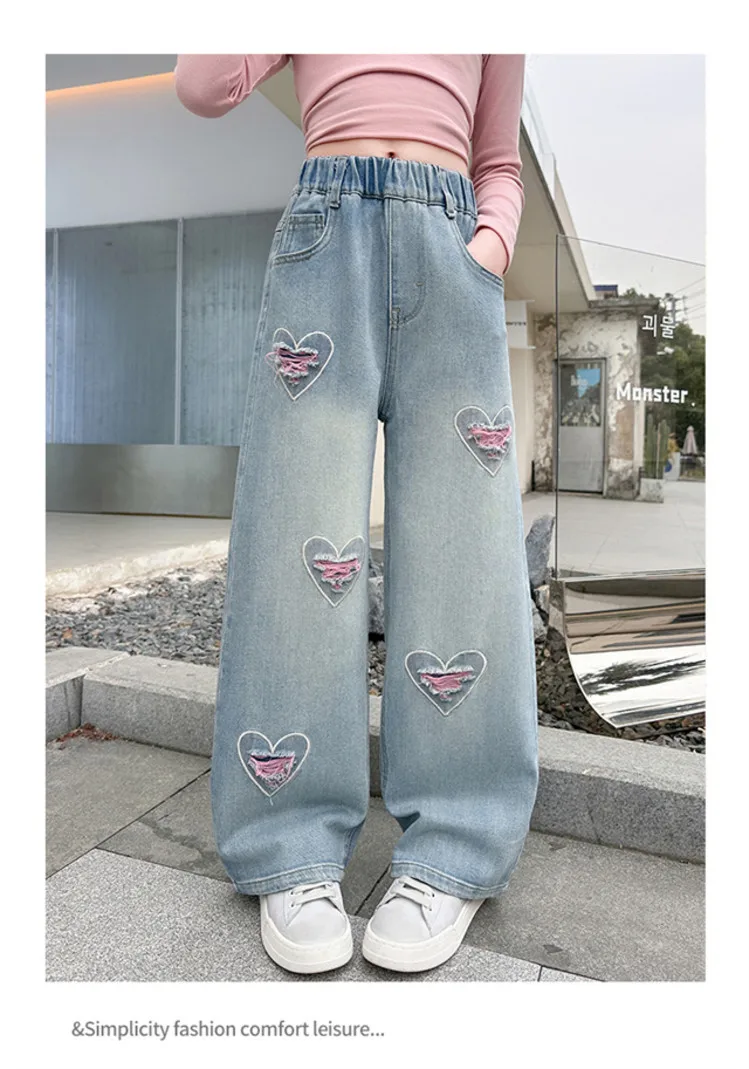 Spring Autumn New Girls Jeans Heart-Shaped Print Hole Straight-leg Pants For 5 6 8 10 12 14 Years Teen Girls Stylish Trousers