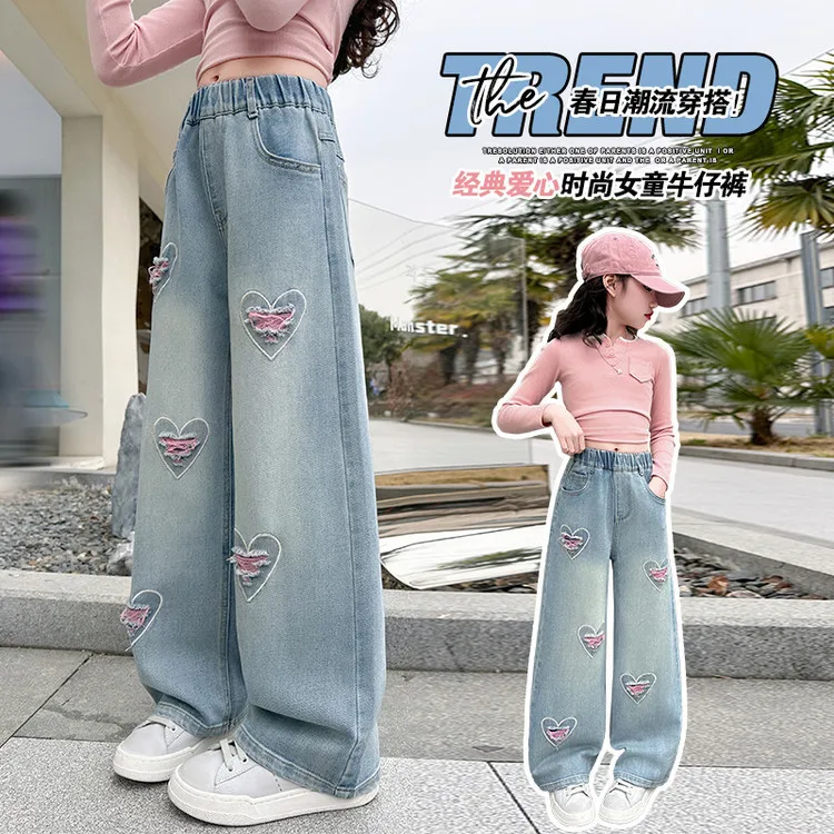 Spring Autumn New Girls Jeans Heart-Shaped Print Hole Straight-leg Pants For 5 6 8 10 12 14 Years Teen Girls Stylish Trousers