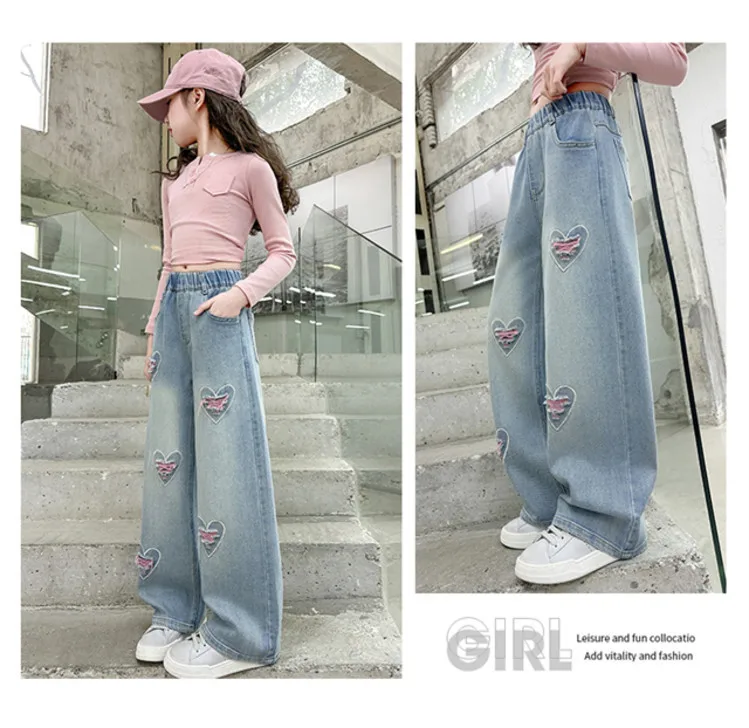 Spring Autumn New Girls Jeans Heart-Shaped Print Hole Straight-leg Pants For 5 6 8 10 12 14 Years Teen Girls Stylish Trousers