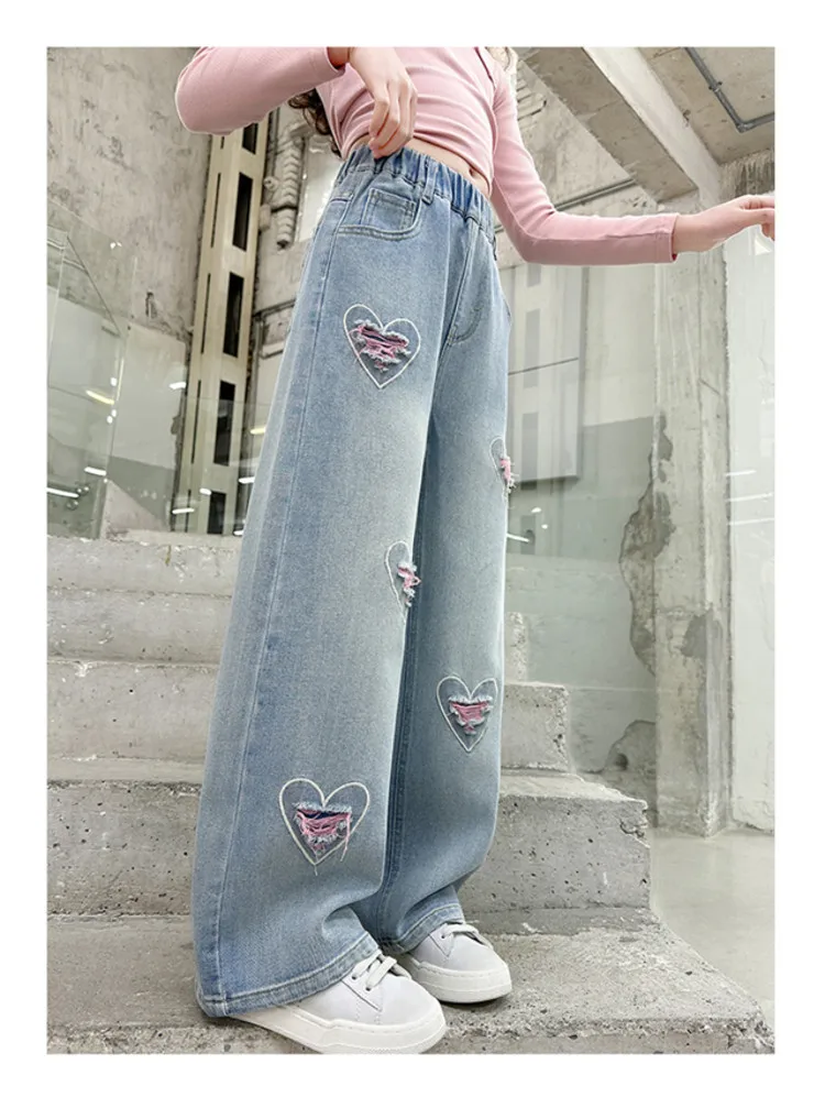 Spring Autumn New Girls Jeans Heart-Shaped Print Hole Straight-leg Pants For 5 6 8 10 12 14 Years Teen Girls Stylish Trousers