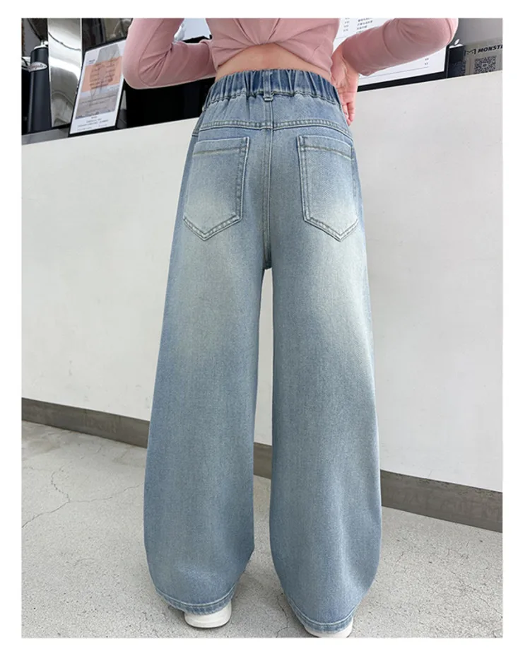 Spring Autumn New Girls Jeans Heart-Shaped Print Hole Straight-leg Pants For 5 6 8 10 12 14 Years Teen Girls Stylish Trousers