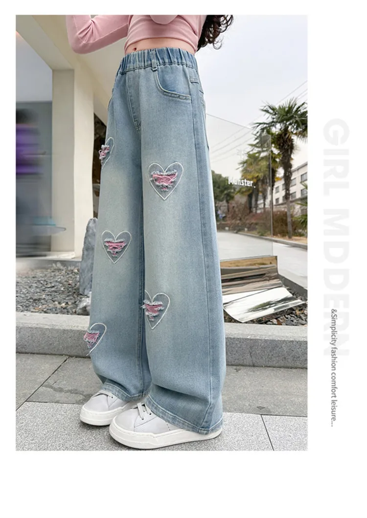 Spring Autumn New Girls Jeans Heart-Shaped Print Hole Straight-leg Pants For 5 6 8 10 12 14 Years Teen Girls Stylish Trousers