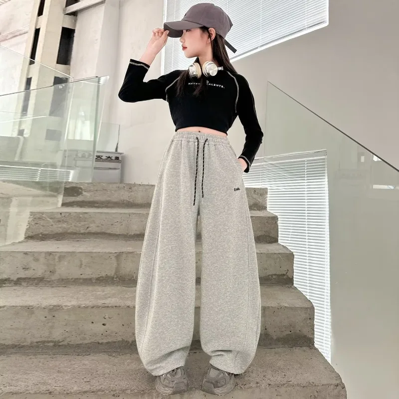 OLEKID Junior Girls Sweatpant Cotton Letter Embroidery Young Teens Girls Sports Pants Loose Elastic Waist Children Girls Trouser