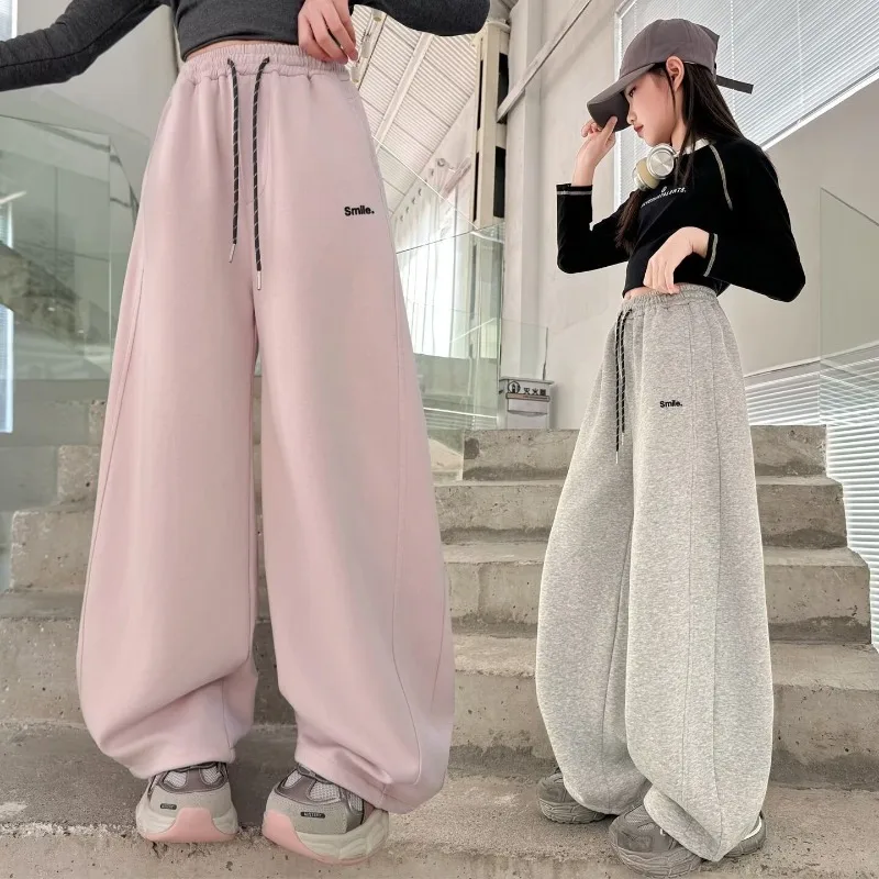 OLEKID Junior Girls Sweatpant Cotton Letter Embroidery Young Teens Girls Sports Pants Loose Elastic Waist Children Girls Trouser