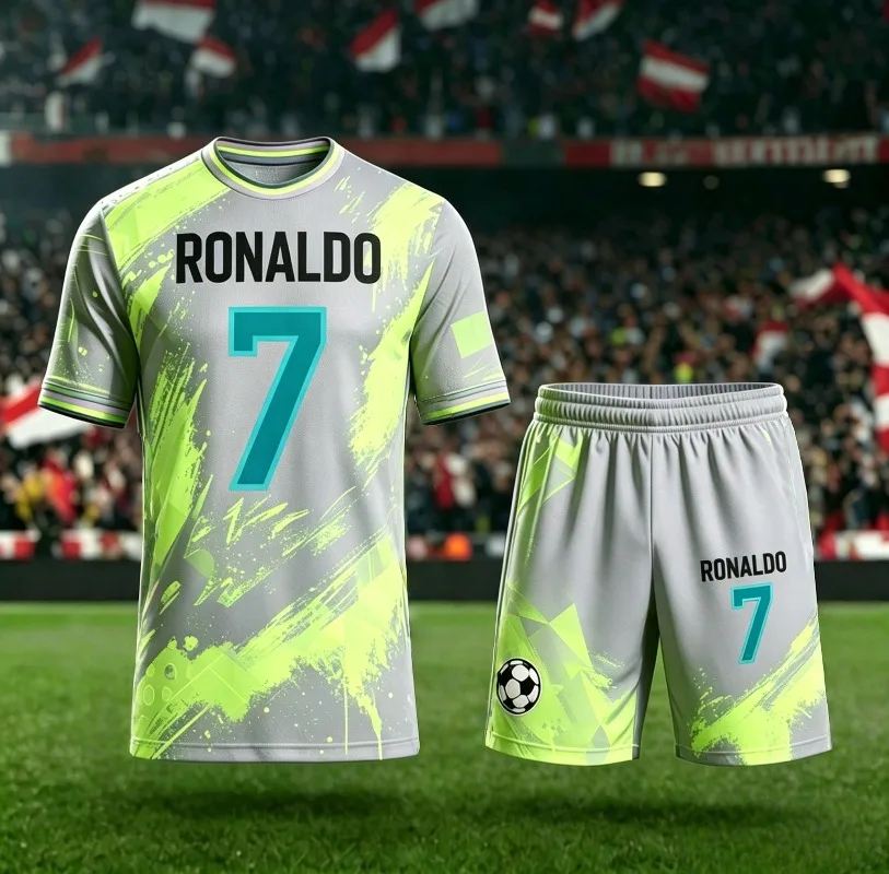 2026 Summer New # 7 Cristiano Ronaldo Short Sleved AI Color Series Football Shirt Adult Children Fashion Casual Large Sports Set