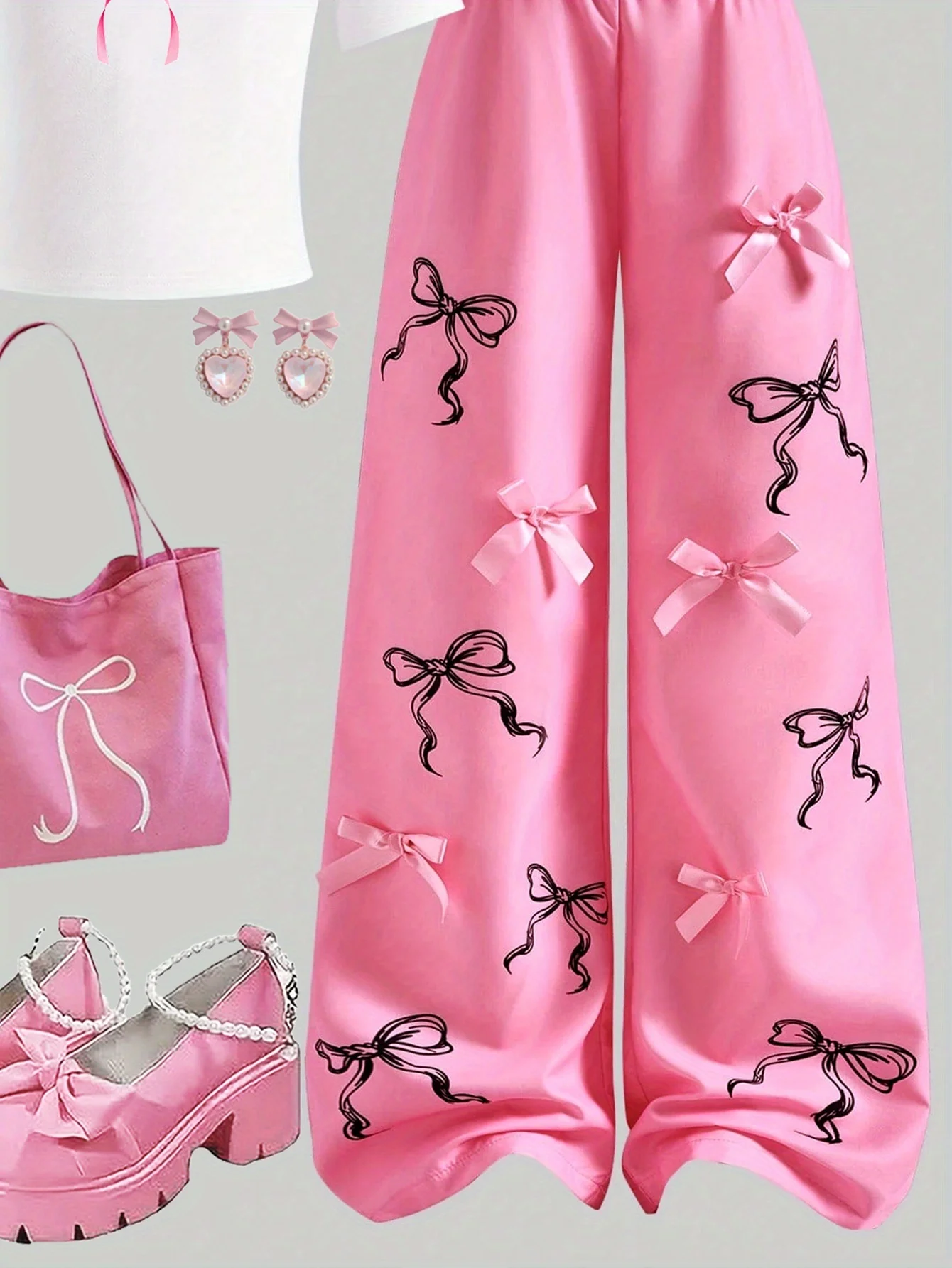Girls' Casual Long Pants Set, Youth Girls' Letter-Print Short-Sleeve T-Shirt and Hot Pink Bow Wide-Leg Pants Casual Two-Piece Set Suitable for Children Aged 5-13, Suitable for Various Occasions