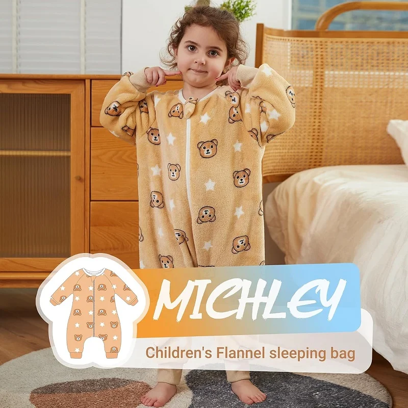 MICHLEY Cartoon Owl Kids Sleeping Bag Cute Flannel Sack Sleepsack Thick Warm Sleepwear Wearable Blanket Bodysuit 1-6T Gifts