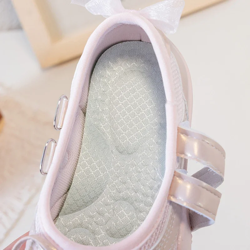 Little Girls Bow Mesh Sneakers, Dual Hook & Loop Straps, Breathable Upper, Non Slip Soft Sole Shoes for Daily Outdoor Wear